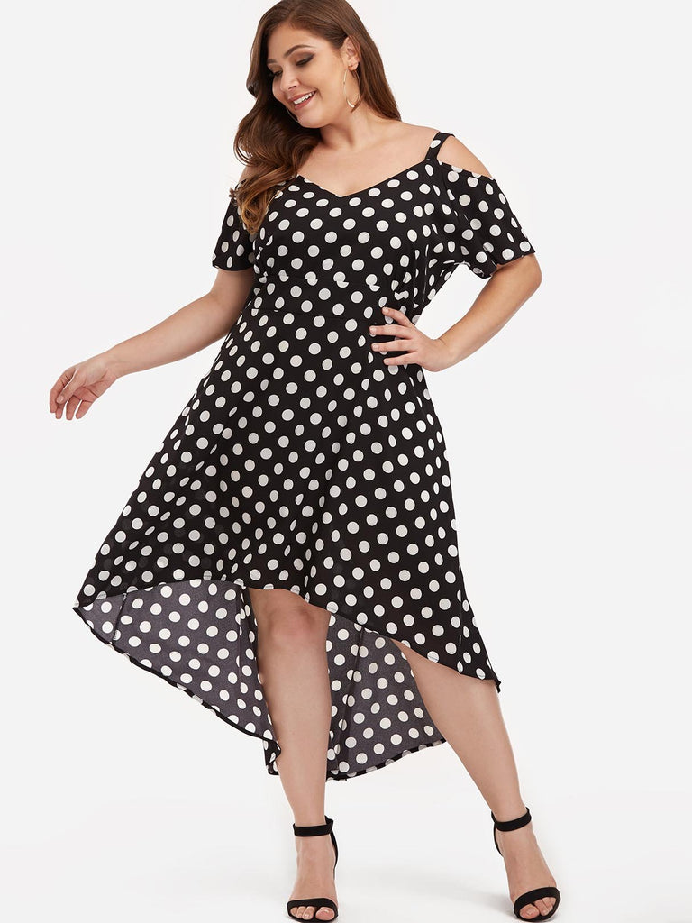 V-Neck Cold Shoulder Polka Dot Backless Short Sleeve High-Low Hem Plus Size Midi Dresses