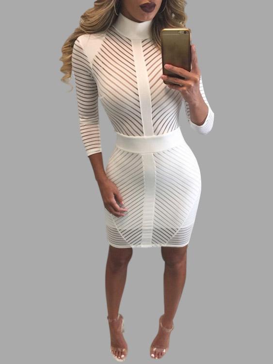 White High Neck Long Sleeve Stripe Plain Bodycon Dresses