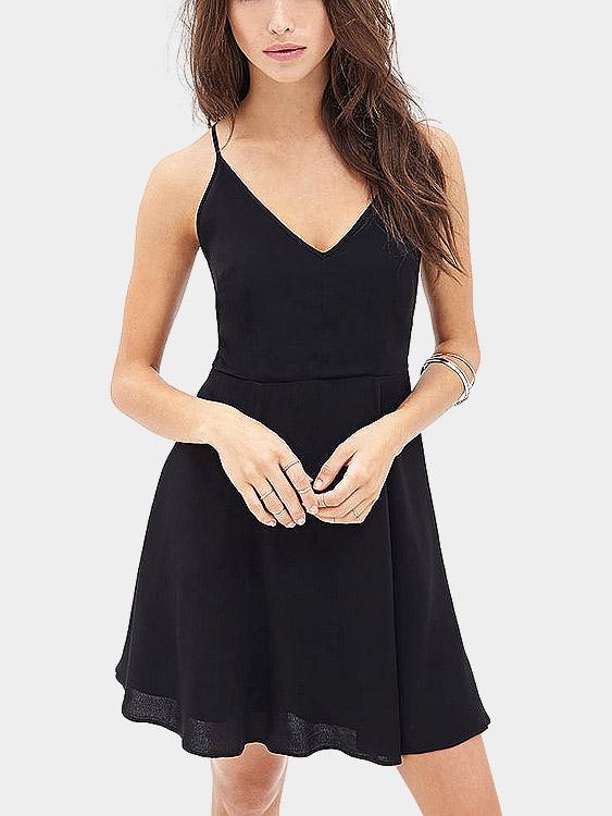 Black V-Neck Plain Backless Sexy Dresses