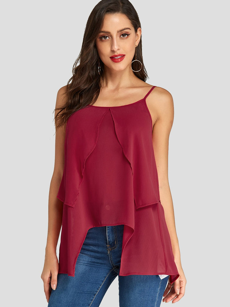 Tiered Spaghetti Strap Irregular Hem Burgundy Tank Top