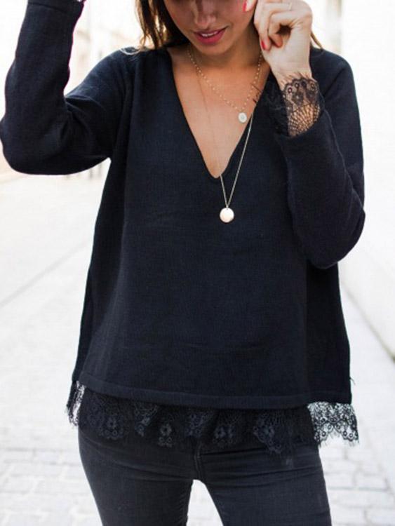 V-Neck Lace Long Sleeve Black T-Shirt