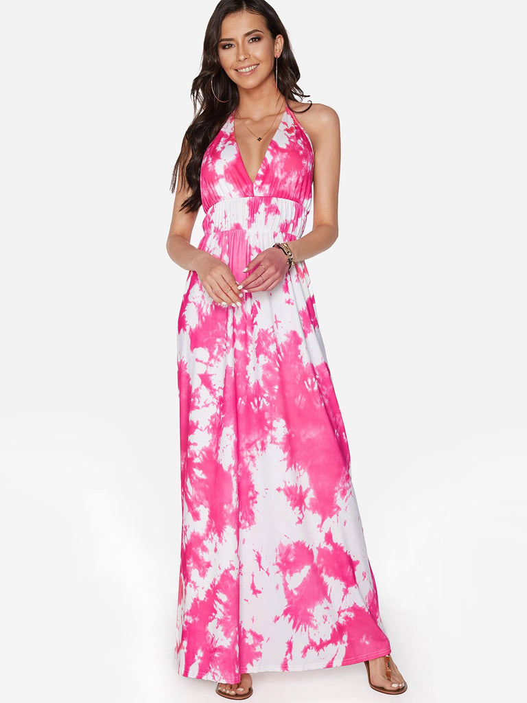 Halter Deep V Neck Sleeveless Floral Print Backless Lace-Up Maxi Dresses
