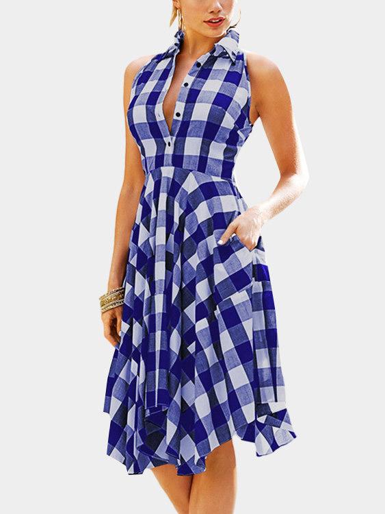 Blue V-Neck Sleeveless Grid Ruffle Hem Sexy Dress