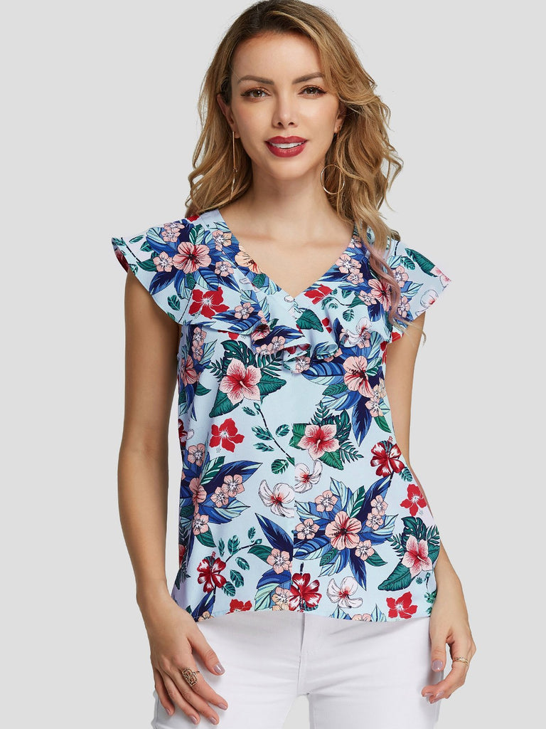 V-Neck Floral Print Tiered Sleeveless Light Blue Tank Top