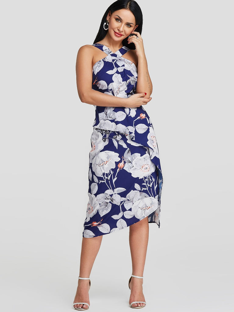 Blue Halter Strapless Sleeveless Floral Print Zip Back Irregular Hem Dresses