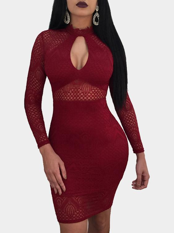 Burgundy Crew Neck Long Sleeve Lace Zip Back Slit Hem High-Waisted Sexy Dress