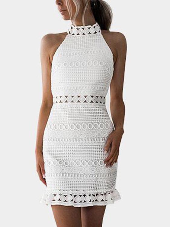 Crew Neck Sleeveless Lace Zip Back Cut Out Sexy Dress