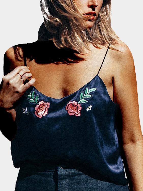 V-Neck Embroidered Backless Sleeveless Navy Camis