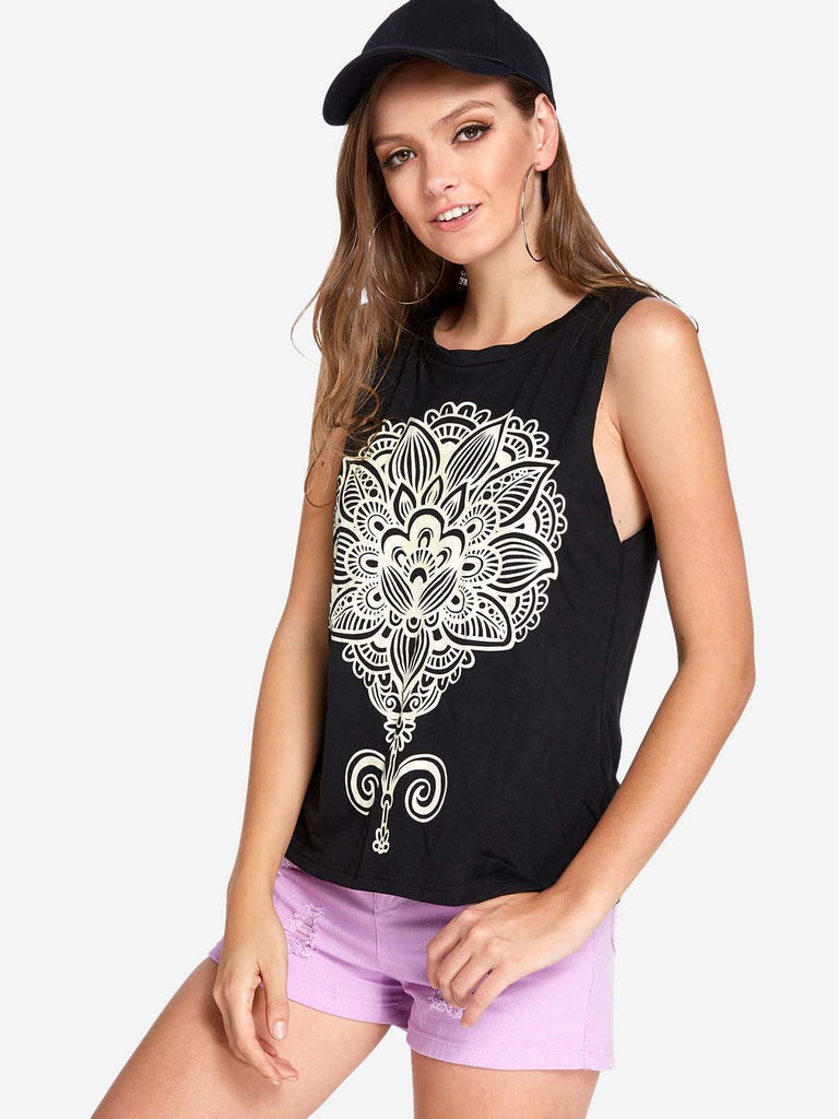 Round Neck Printed Sleeveless Black Tank Top