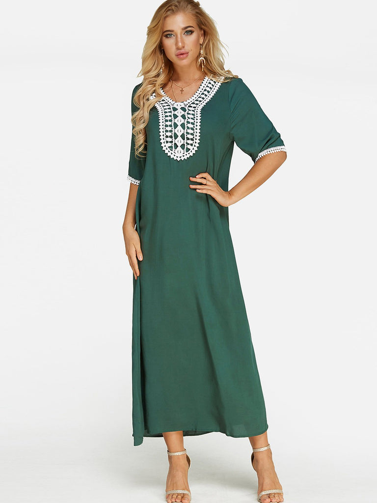 Green V-Neck Half Sleeve Crochet Lace Embellished Dress