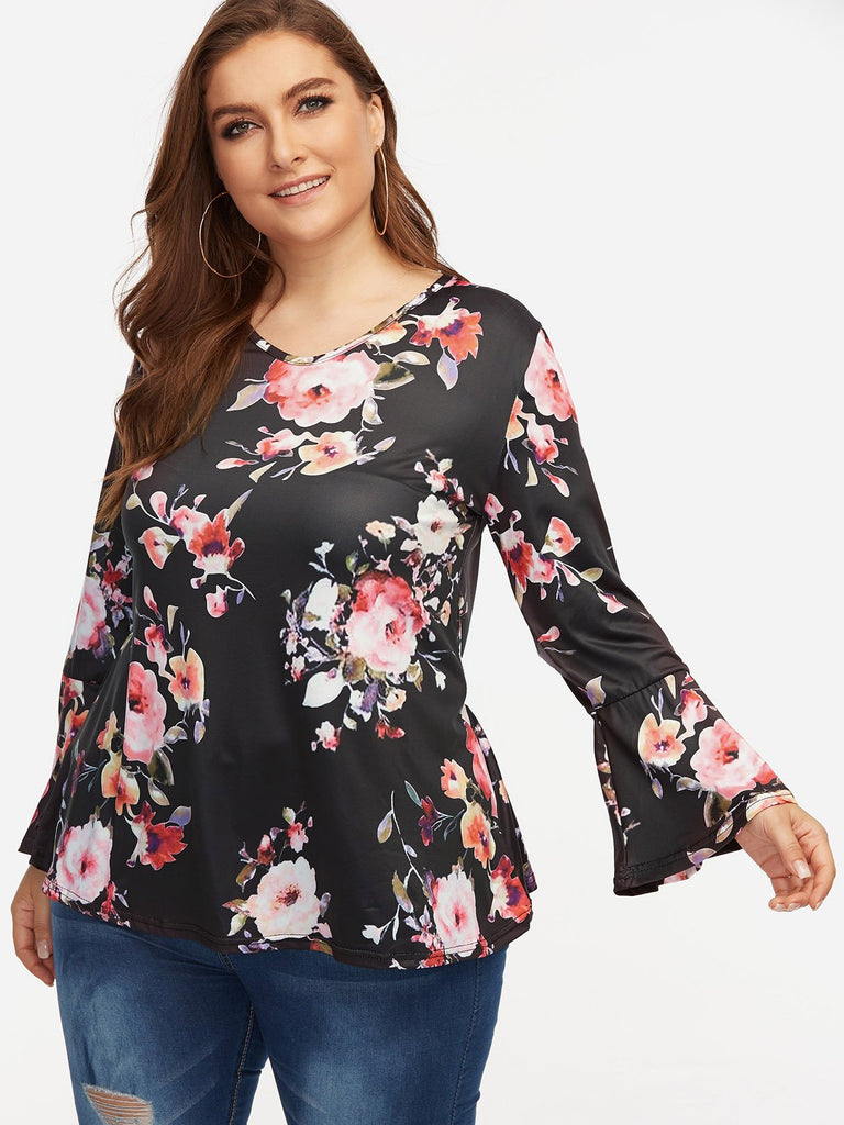 V-Neck Floral Print Long Sleeve Ruffle Hem Black Plus Size Tops