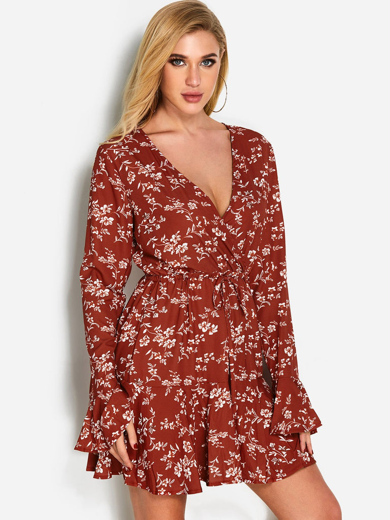 Red Deep V Neck Long Sleeve Floral Print Lace-Up Mini Dress