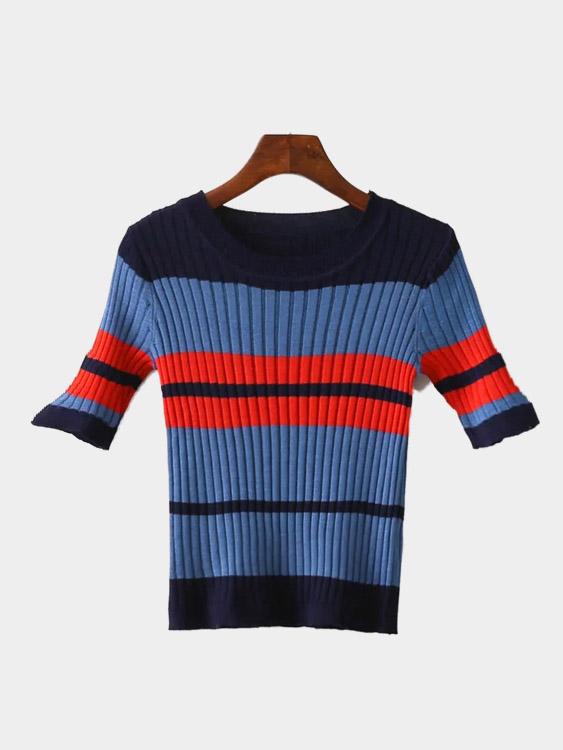 Stripe Pattern Knitted Round Neckline Jumper