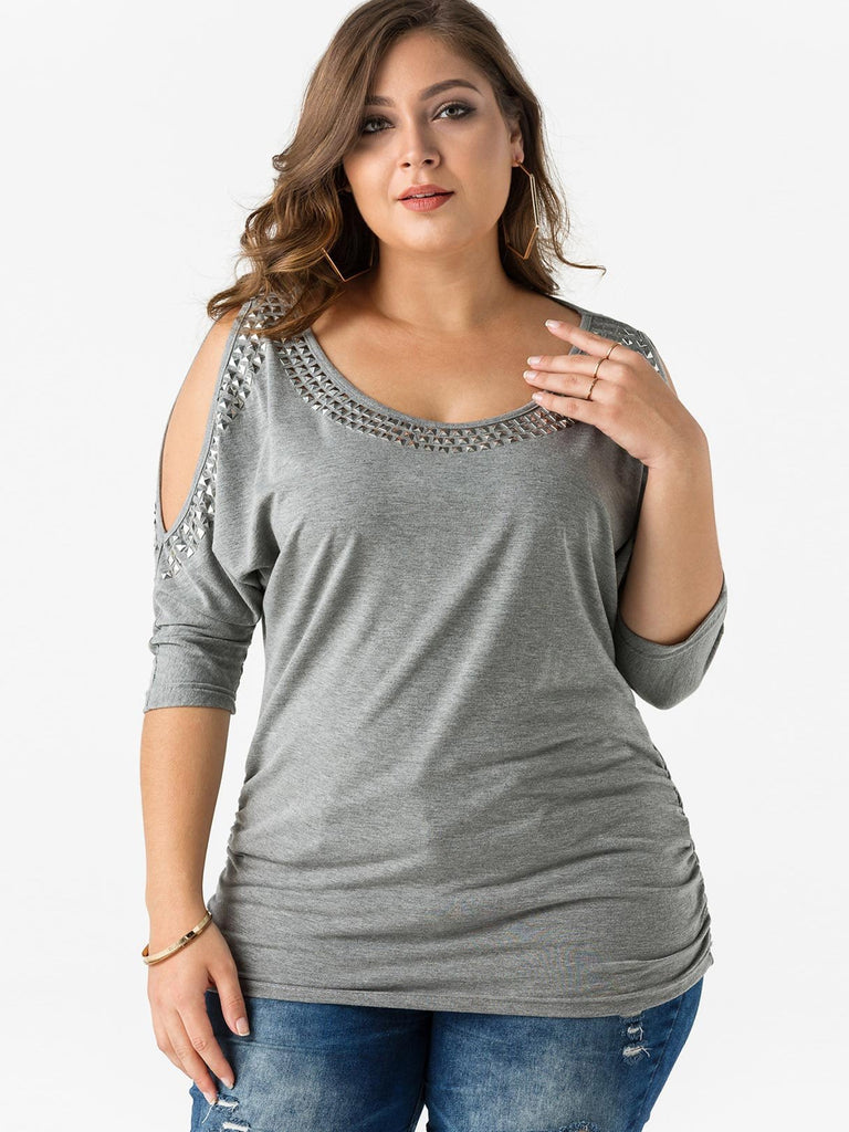 Scoop Neck Plain Sequins Embellished Half Sleeve Grey Plus Size Tops