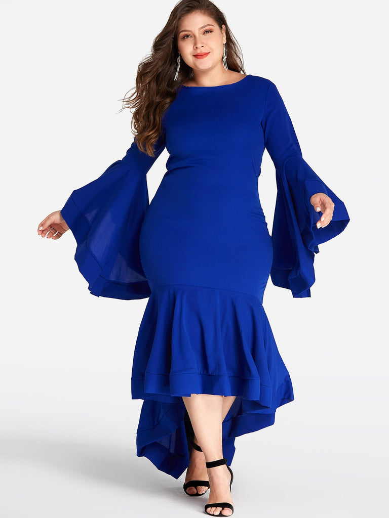 Round Neck Plain Long Sleeve High-Low Hem Blue Plus Size Dress