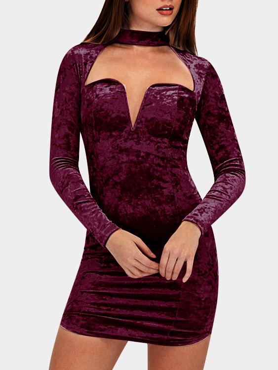 Crimson Deep V Neck Long Sleeve Plain Cut Out Curved Hem Sexy Dress