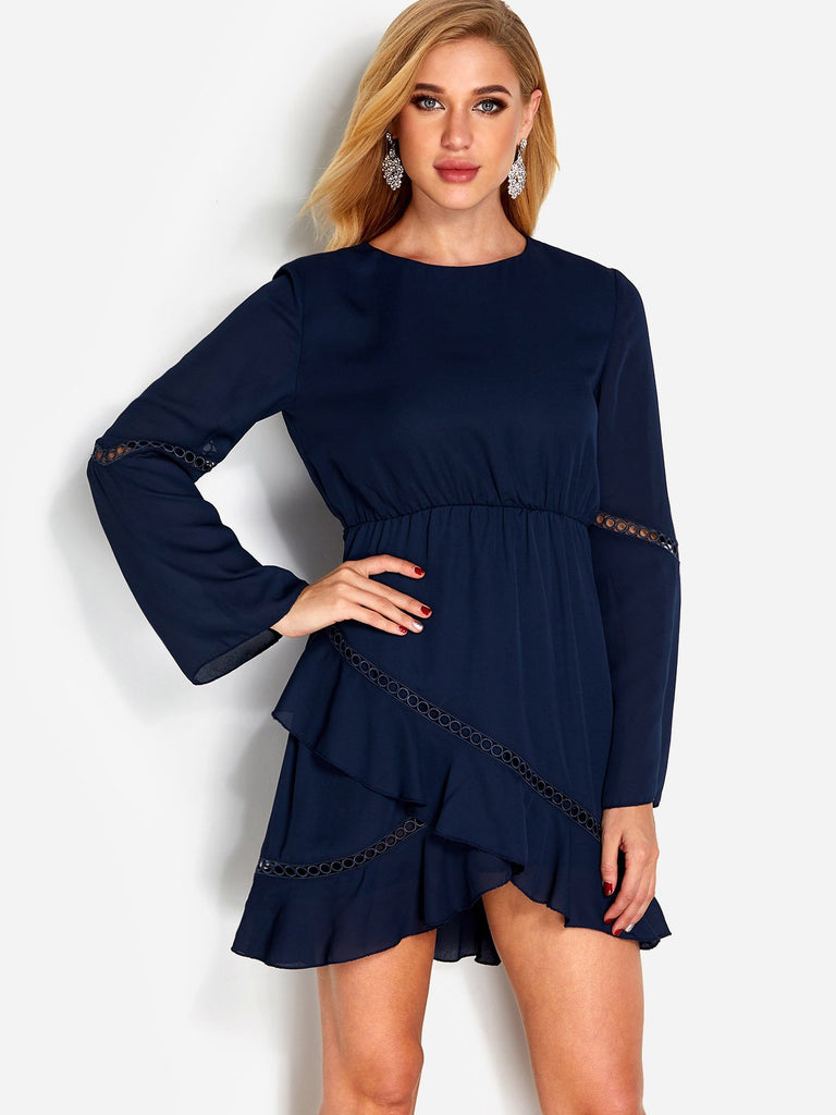 Navy Round Neck Long Sleeve Wrap Sexy Dress