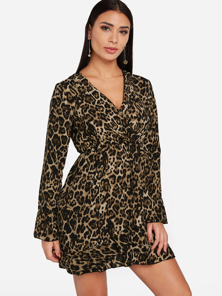 V-Neck Long Sleeve Leopard Mini Dress