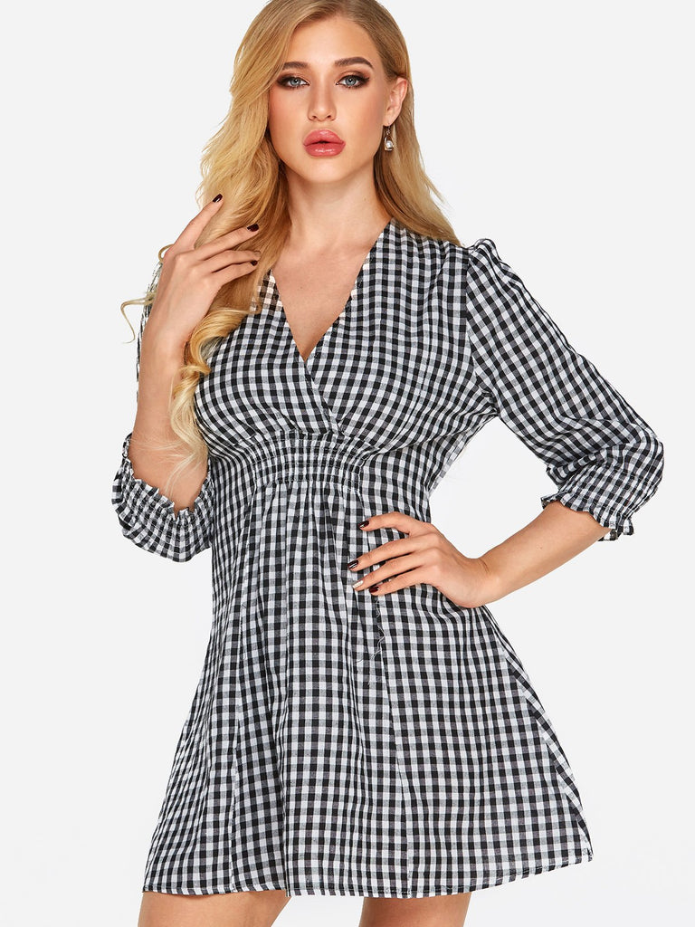 Grid V-Neck Crossed Collar Half Sleeve Grid Sexy Dresses