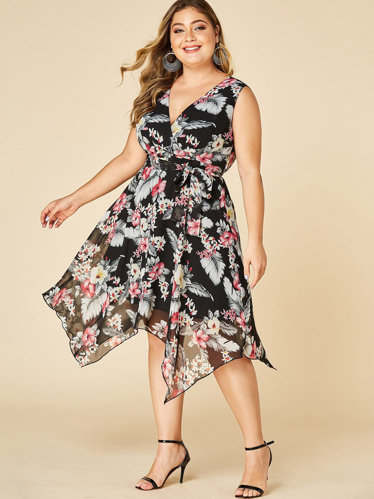 Deep V Neck Floral Print Self-Tie Sleeveless Handkerchief Hem Black Plus Size Dress