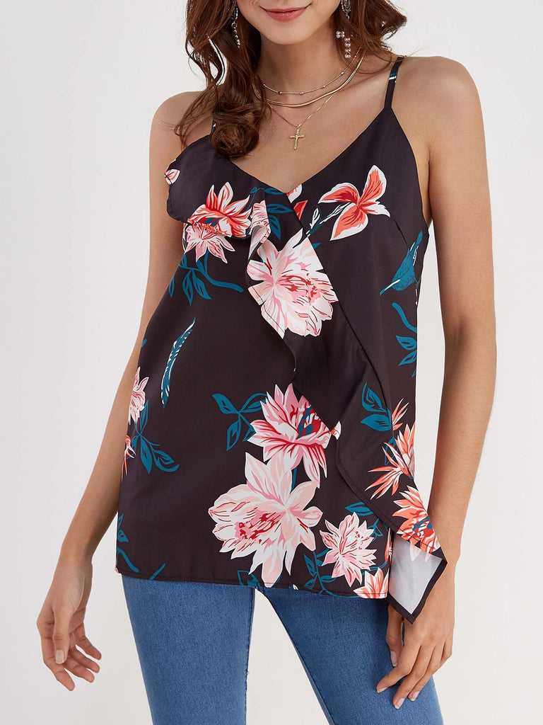 V-Neck Floral Print Sleeveless Black Camis