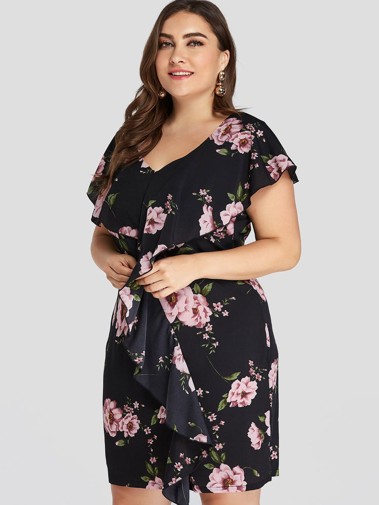 V-Neck Floral Print Ruffle Trim Short Sleeve Black Plus Size Dress