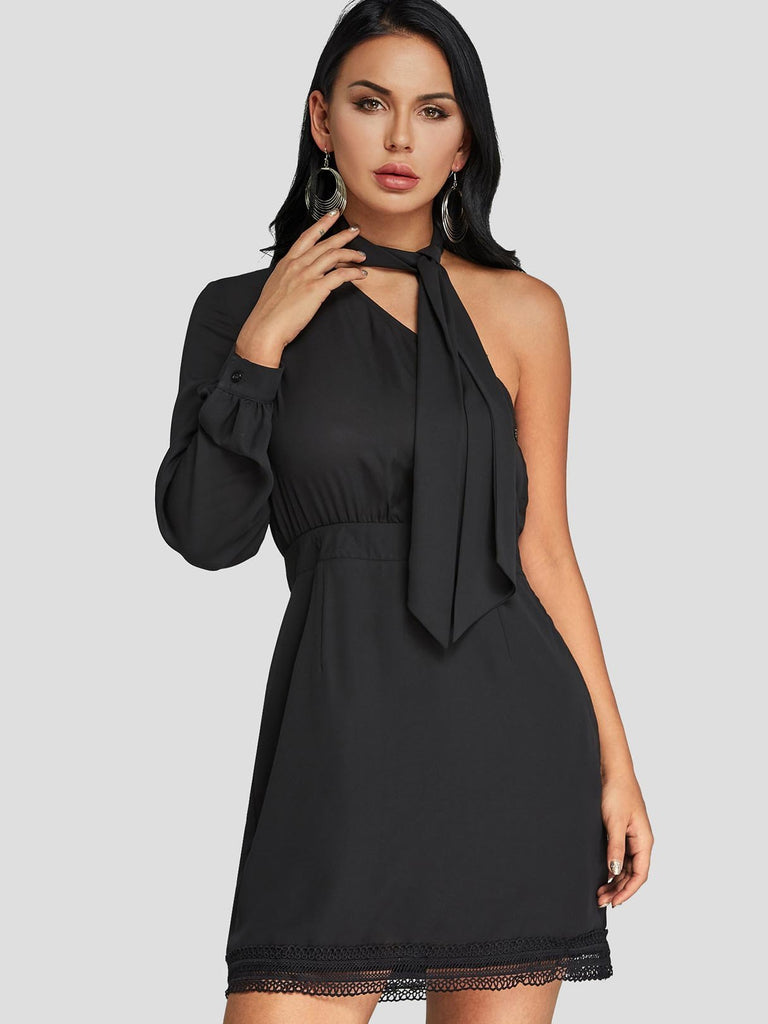 Black One Shoulder Long Sleeve Lace Lace-Up Mini Dress