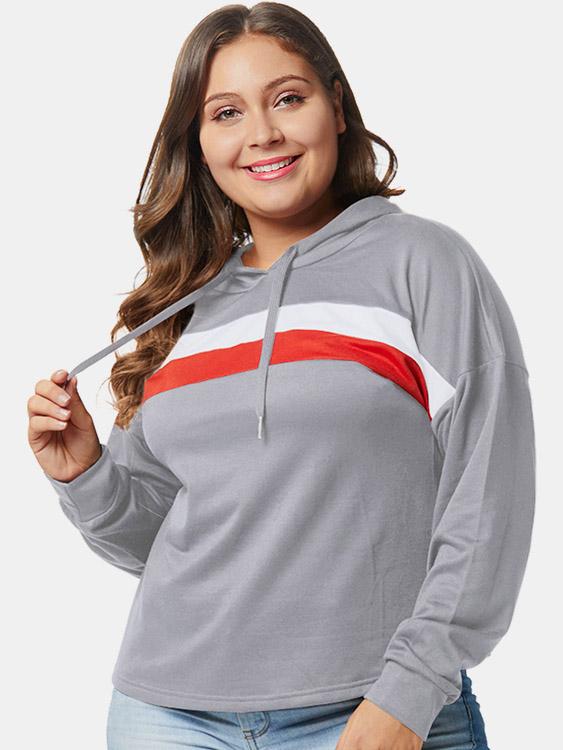 Stripe Hooded Long Sleeve Grey Plus Size Tops