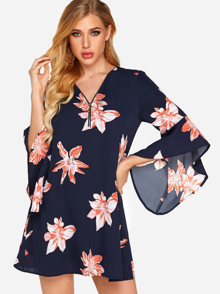 Navy V-Neck Long Sleeve Floral Print Zip Back Dresses