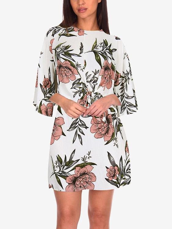 White Round Neck 3/4 Sleeve Length Floral Print Zip Back Tie-Up Dresses