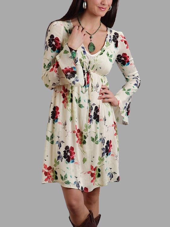 V-Neck Long Sleeve Floral Print Mini Dress