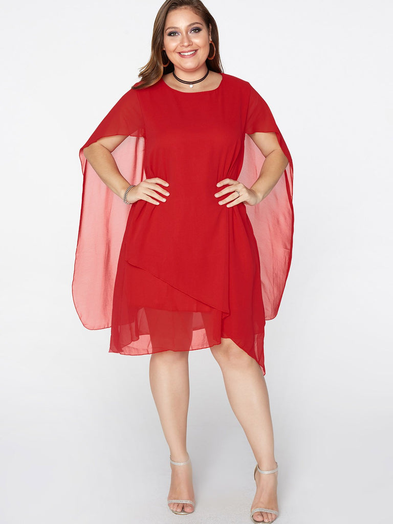 Round Neck Plain Tiered Short Sleeve Irregular Hem Red Plus Size Dresses