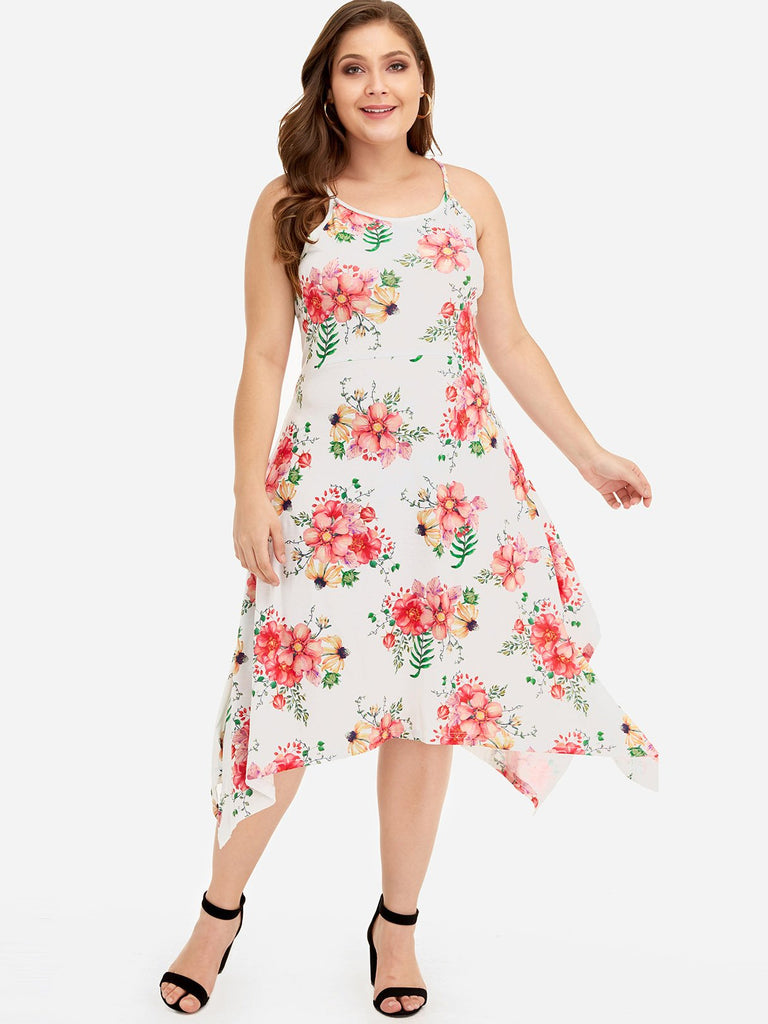 Scoop Neck Floral Print Sleeveless Handkerchief Hem Plus Size Dresses