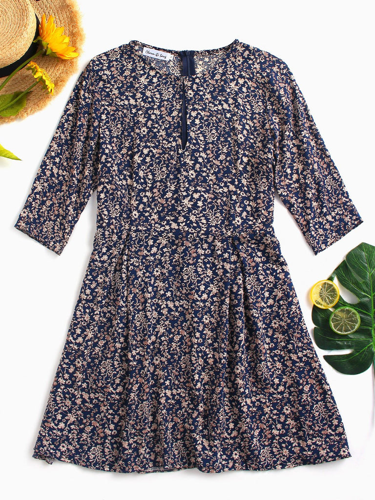 Round Neck Half Sleeve Floral Print Zip Back Casual Dress