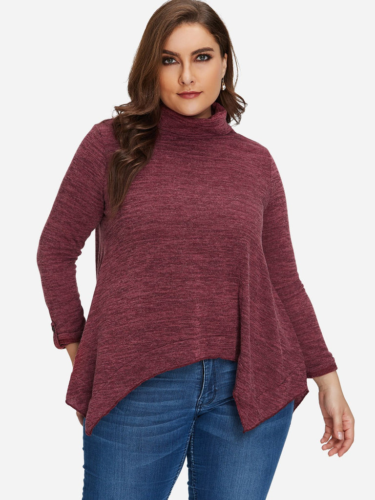 Roll Neck Plain Long Sleeve Handkerchief Hem Burgundy Plus Size Tops