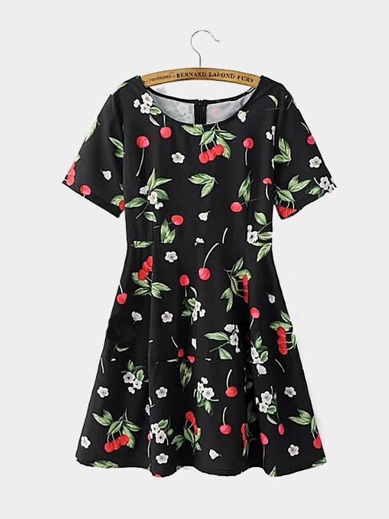 Round Neck Short Sleeve Floral Print Zip Back Mini Dresses