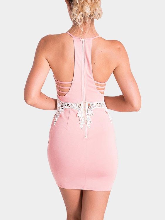 Pink Halter Sleeveless Lace Zip Back Bodycon Sexy Dress