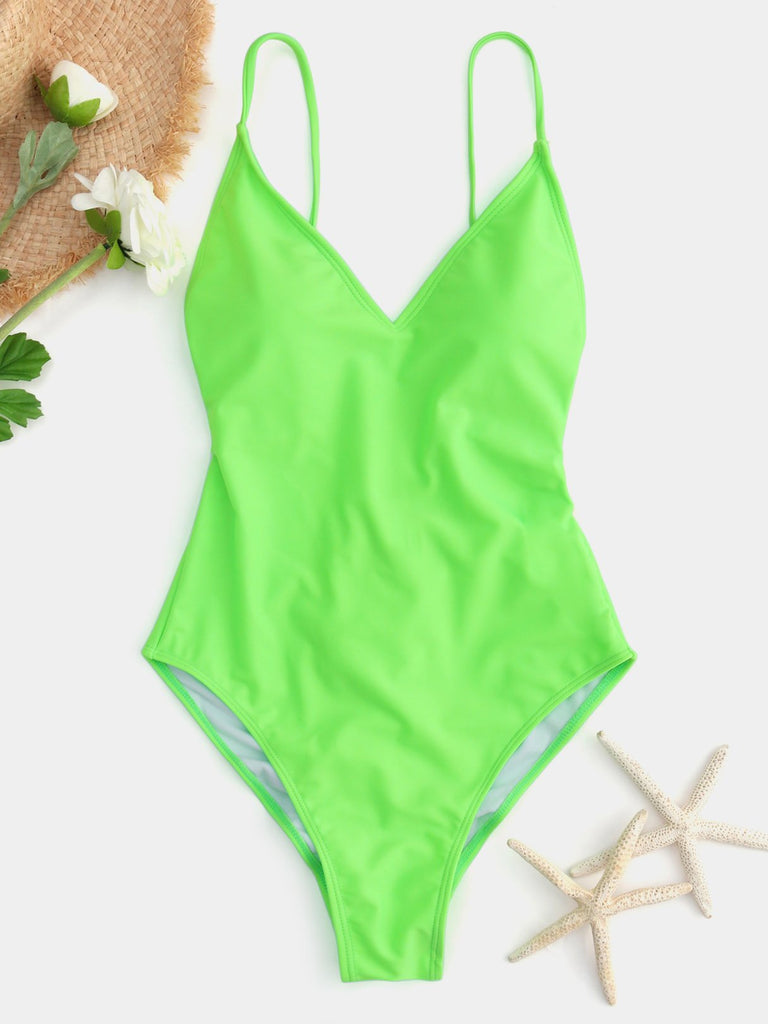 Green Plain Criss-Cross One-Pieces Swimsuits