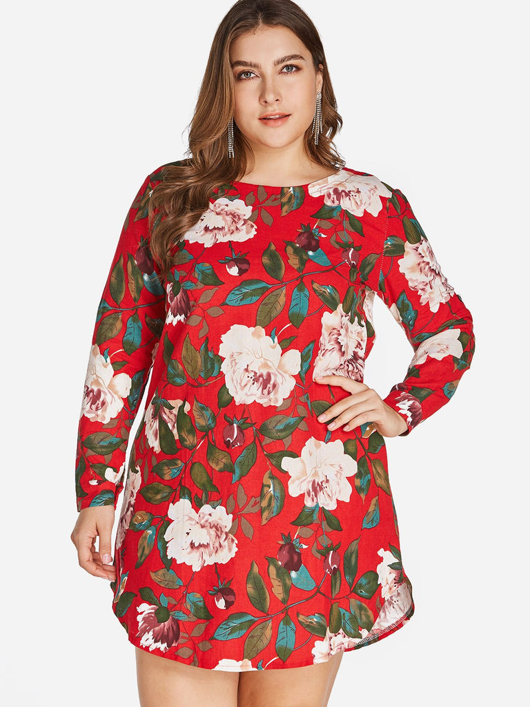 Round Neck Floral Print Zip Back Long Sleeve Curved Hem Red Plus Size Dress