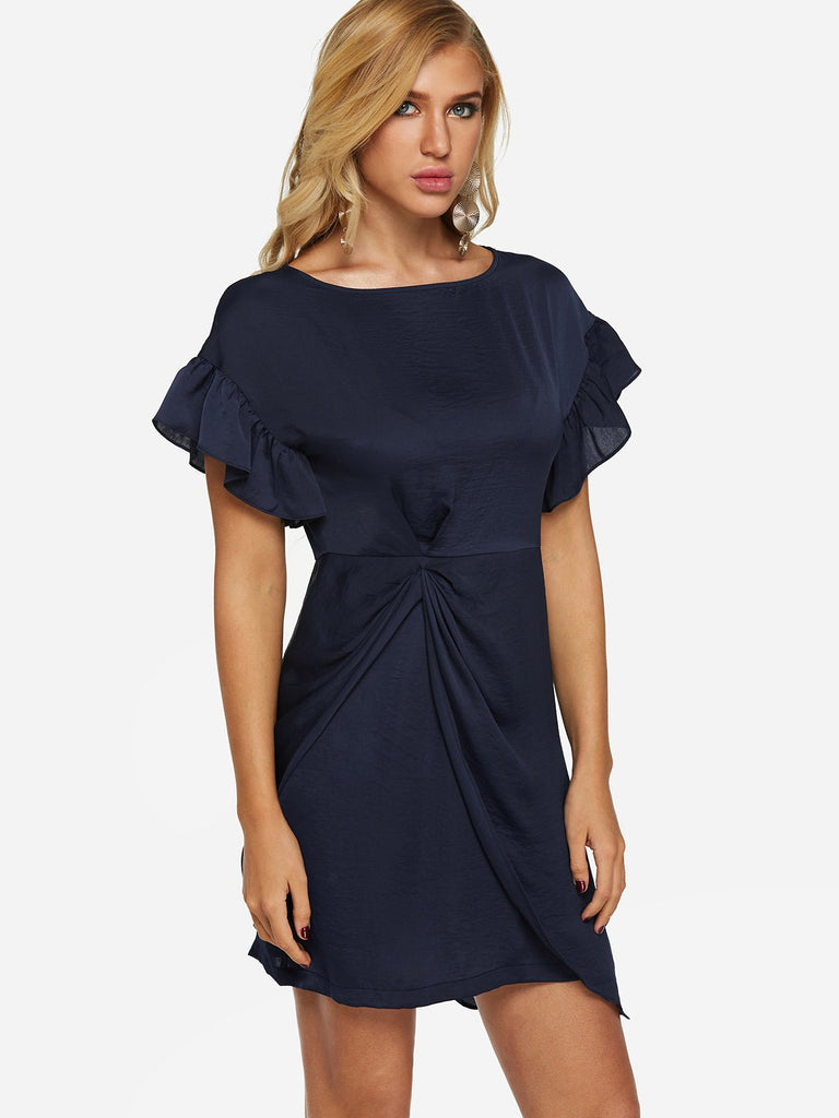 Navy Round Neck Short Sleeve Pleated Irregular Hem Sexy Dress