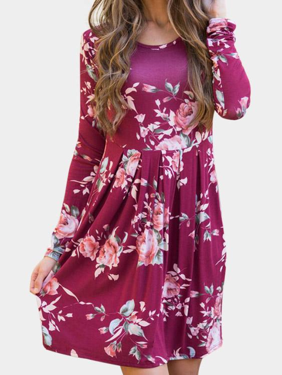 Rose Round Neck Long Sleeve Floral Print High-Waisted Dress