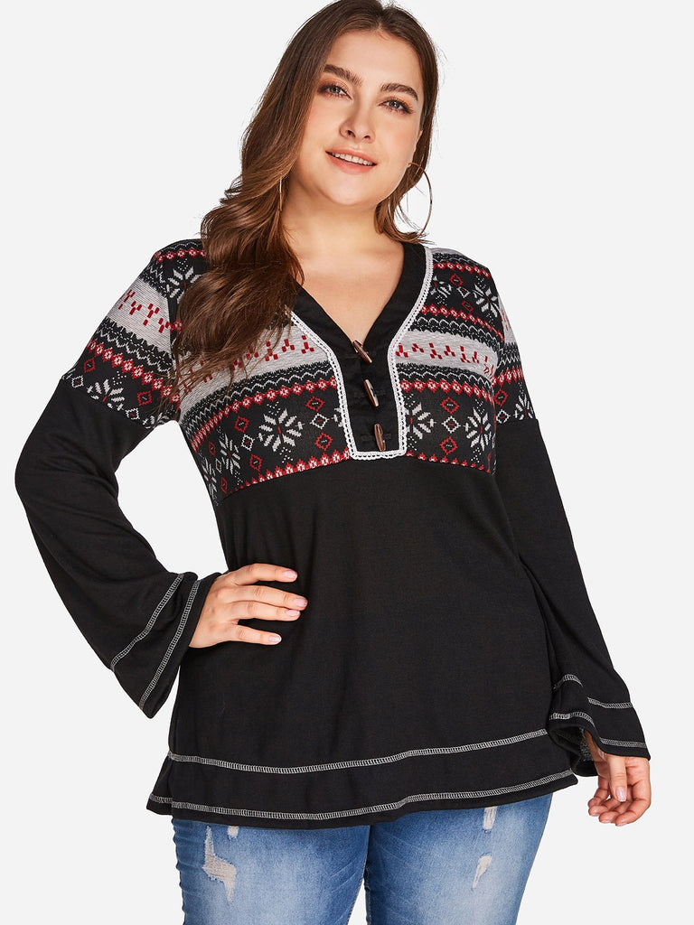 V-Neck Long Sleeve Black Plus Size Tops