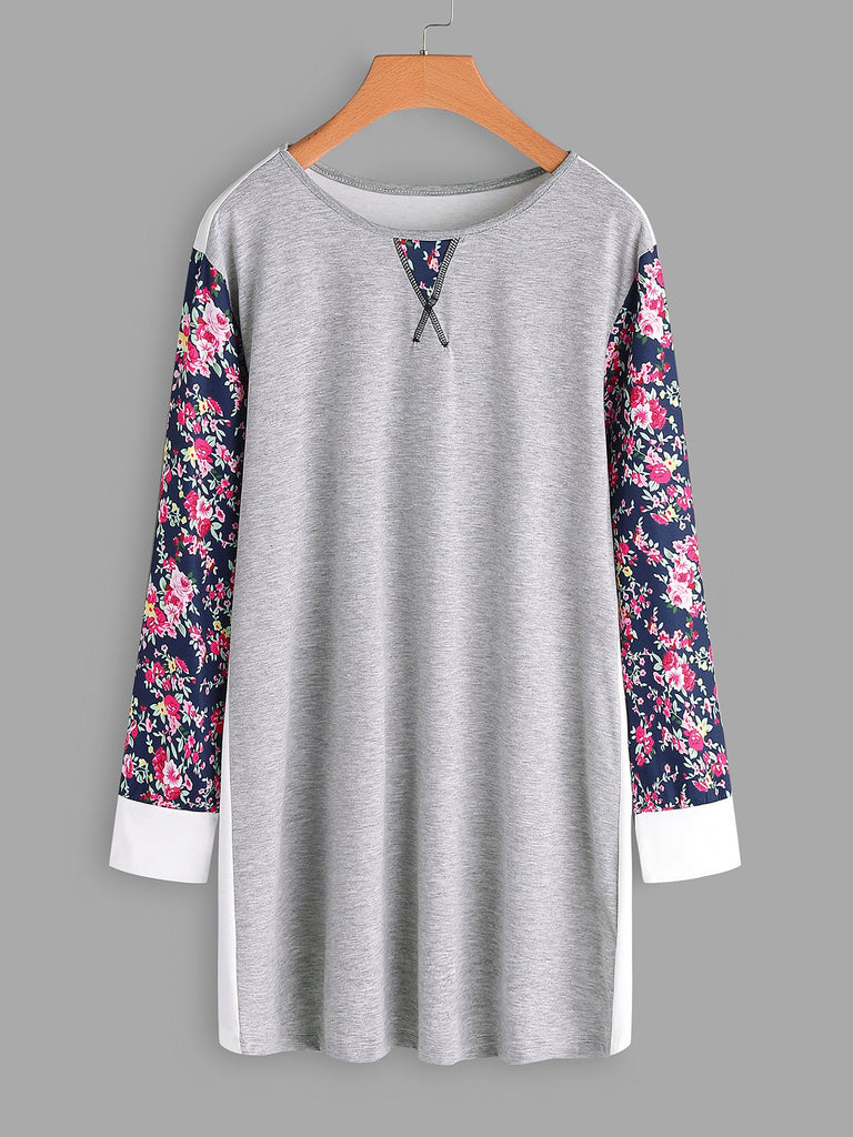 Round Neck Floral Print Calico Long Sleeve Plus Size Tops