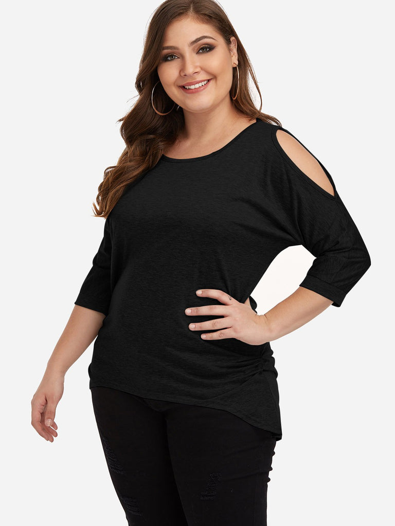 Round Neck Cold Shoulder Plain Cut Out Twist 3/4 Sleeve Curved Hem Black Plus Size Tops