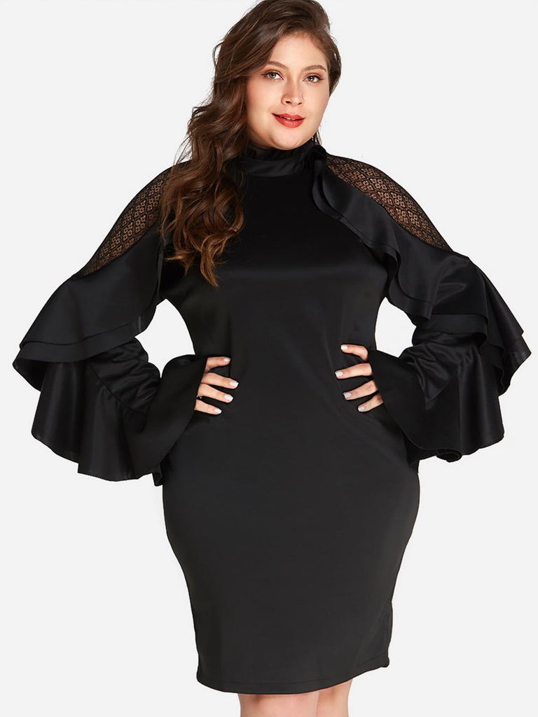 Tiered Long Sleeve Black Plus Size Dress