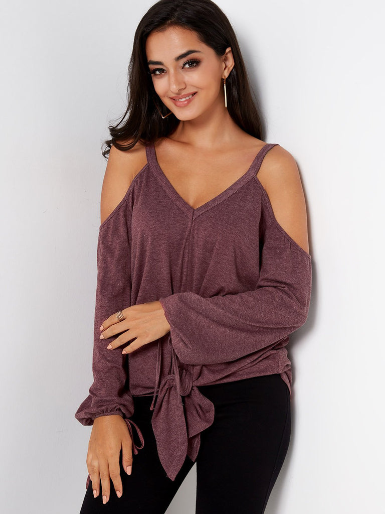 V-Neck Cold Shoulder Plain Backless Tie-Up Long Sleeve Burgundy T-Shirts