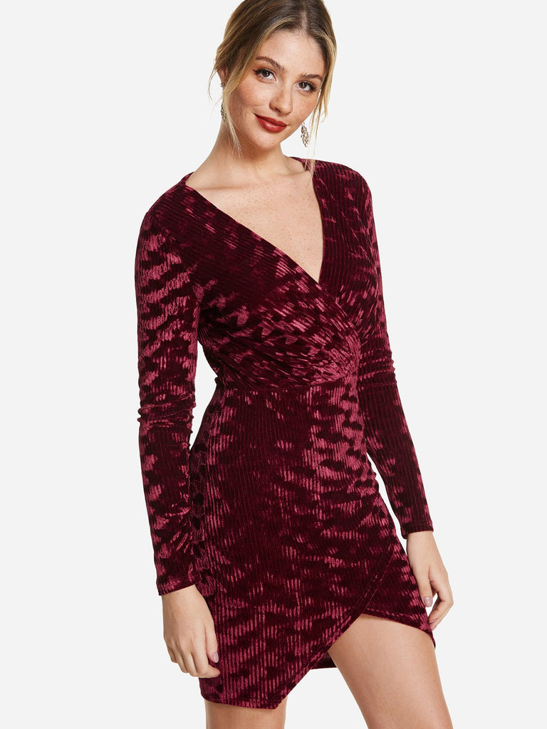 Deep V Neck Plain Wrap Long Sleeve Burgundy Sexy Dresses