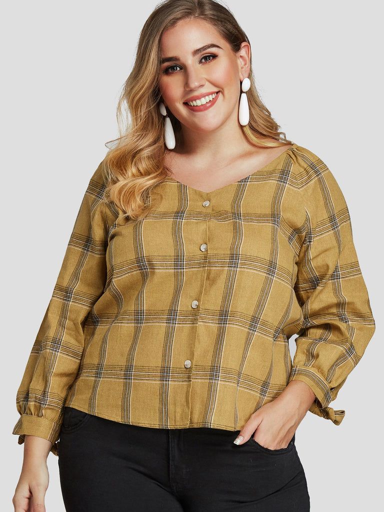 V-Neck Grid Long Sleeve Khaki Plus Size Tops