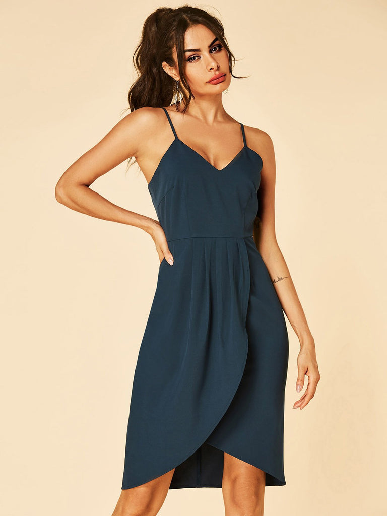 Navy V-Neck Sleeveless Tiered Spaghetti Strap High-Low Hem Dresses