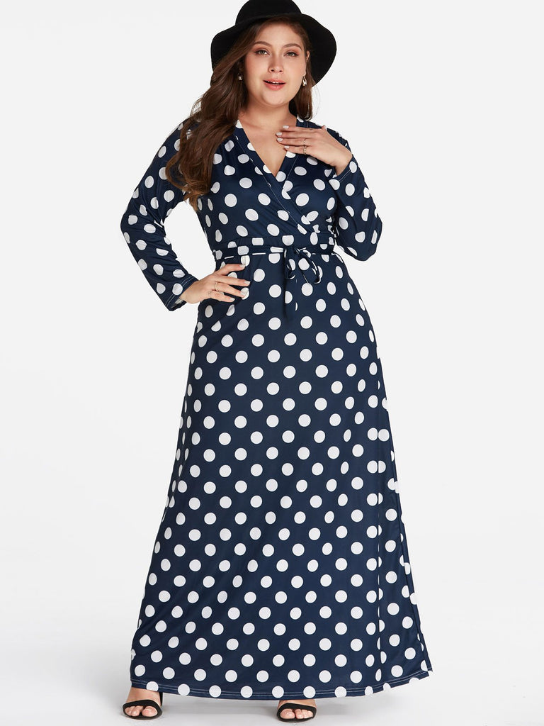 Round Neck Polka Dot Self-Tie Long Sleeve Black Plus Size Dress